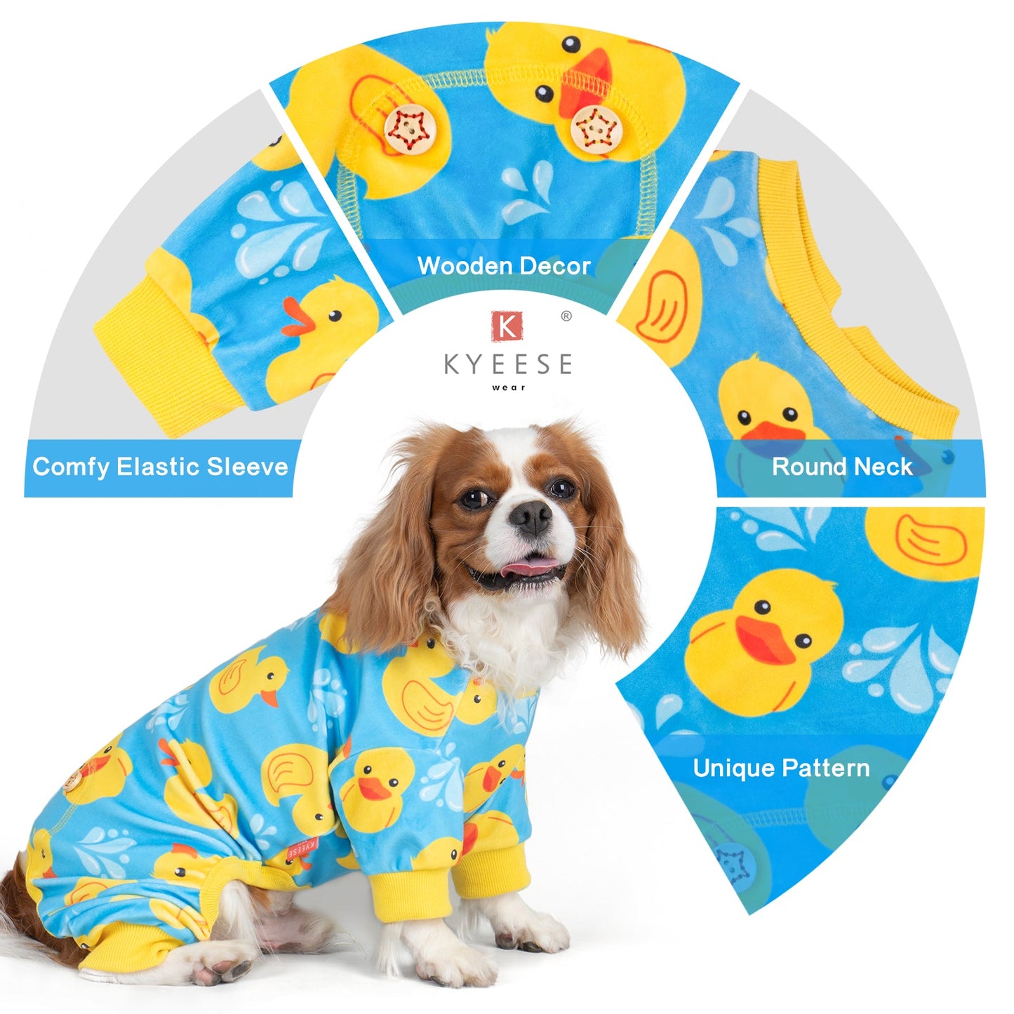 Dog wearing blue duck-print onesie pajamas with round neck and yellow sleeve cuffs