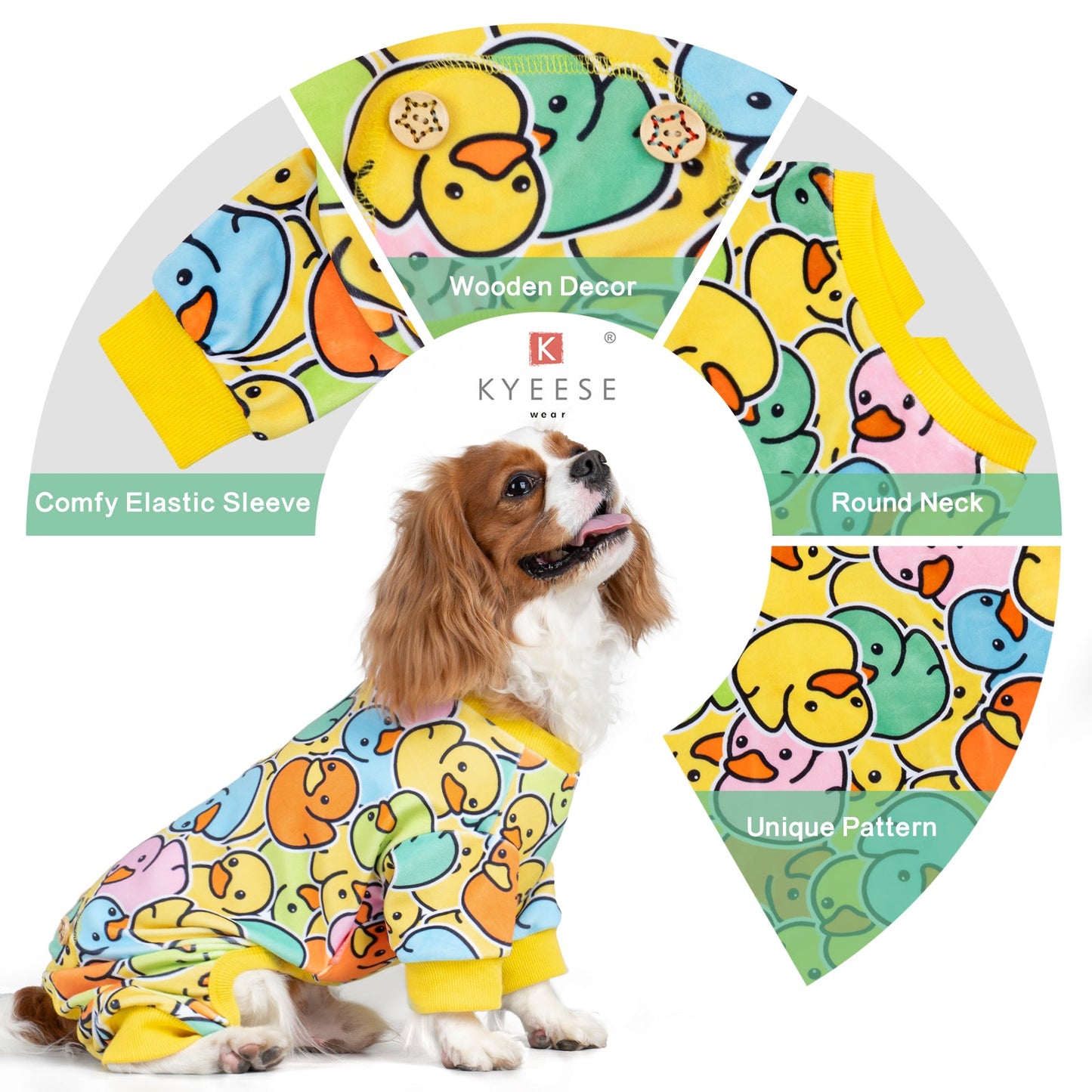 Dog onesie pajamas with colorful duck print, round neck and elastic sleeves