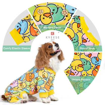 Dog onesie pajamas with colorful duck print, round neck and elastic sleeves