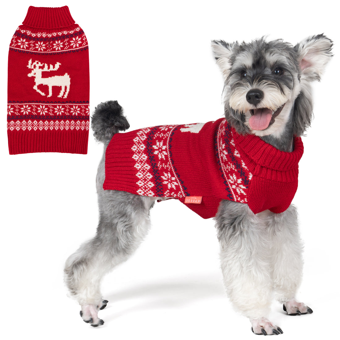 Red dog sweater with reindeer motif and fair isle stripes, turtleneck collar