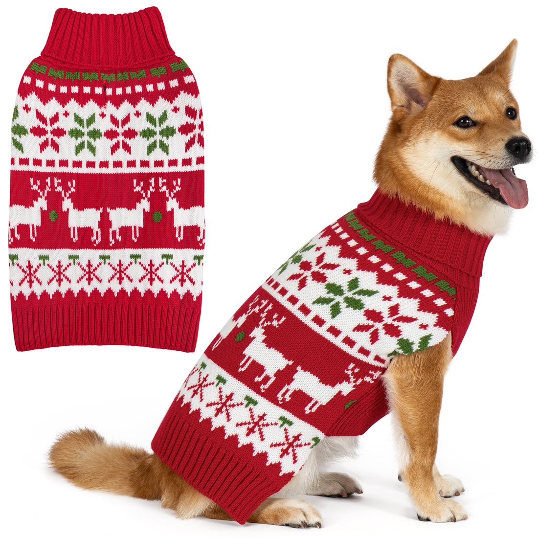 Red jacquard dog sweater with reindeer and snowflake pattern, ribbed turtleneck