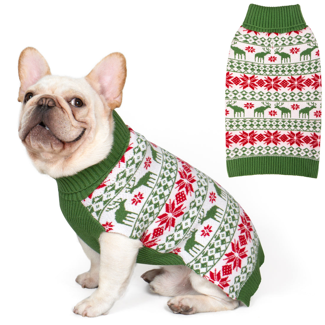 Dog sweater green with red/white fair isle knit stripes and ribbed collar