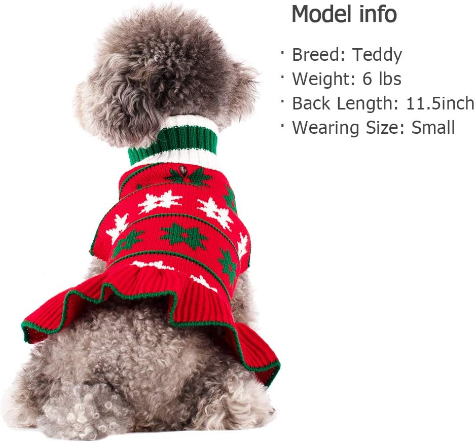 Dog sweater dress, red and green knit with snowflake bands and ribbed turtleneck collar