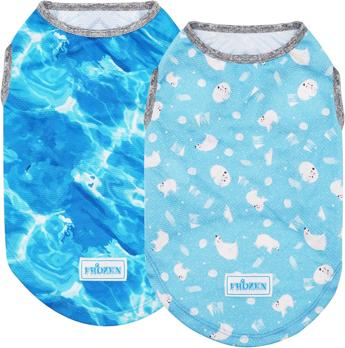 Two-pack dog cooling shirts in light blue, one with ocean swirl print and one with dot pattern