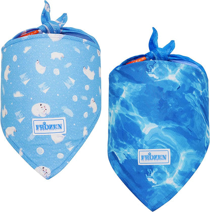 Cooling dog bandana 2-pack, blue and light-blue patterned fabric with tie at neck