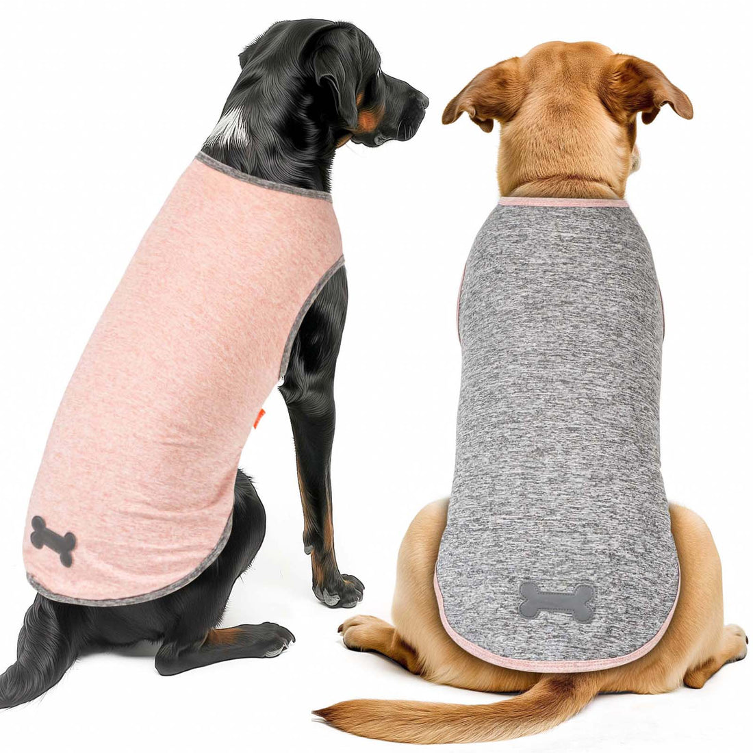 Dog sleeveless shirts, heather pink and charcoal gray on two dogs