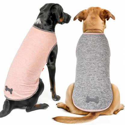 Dog sleeveless shirts, heather pink and charcoal gray on two dogs