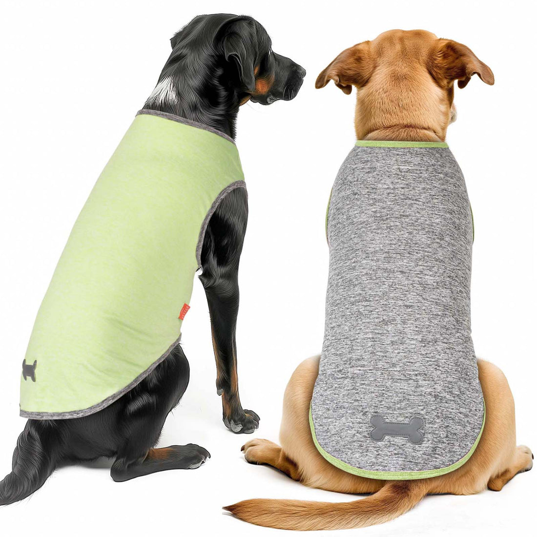 Two dogs wearing lime green and heather gray sleeveless shirts with reflective bones