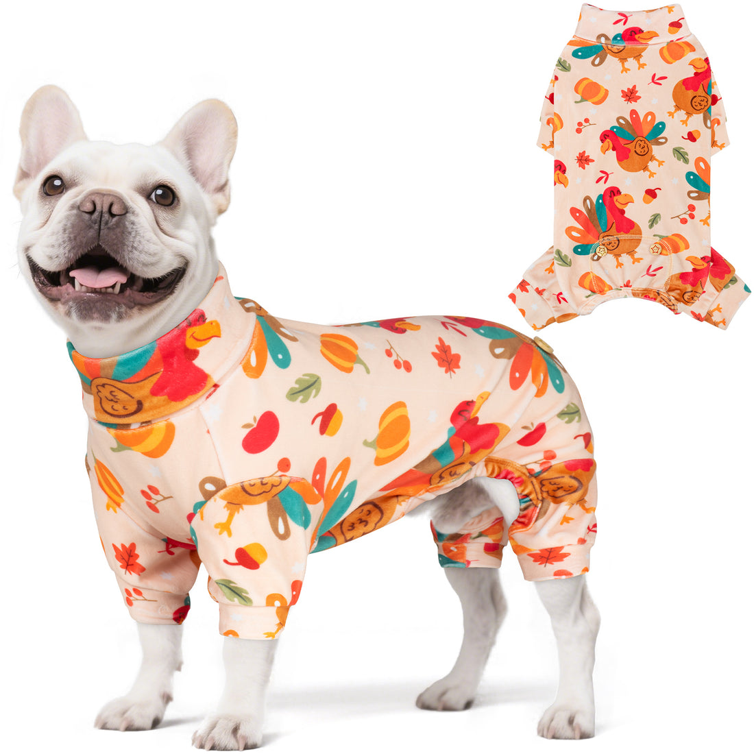 Dog onesie pajamas in cream with colorful turkey and leaf print, long sleeves