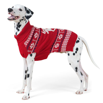 Red knit dog sweater with snowflake and reindeer fair isle pattern