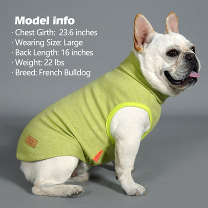 Dog sleeveless velvet sweater with lime green body and rounded armholes, turtleneck style
