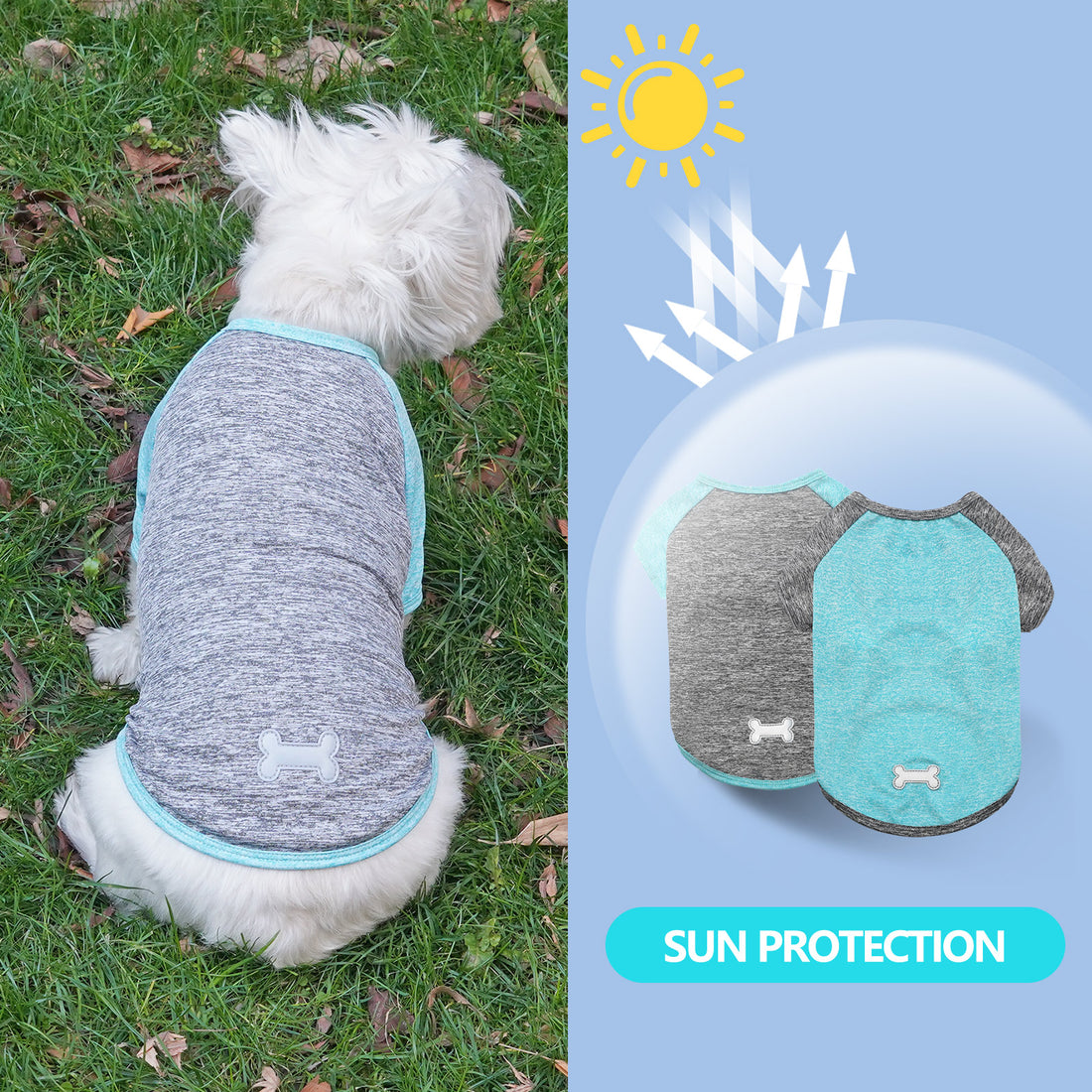 Lightweight dog shirt with raglan sleeves in heather gray and teal, bone logo.