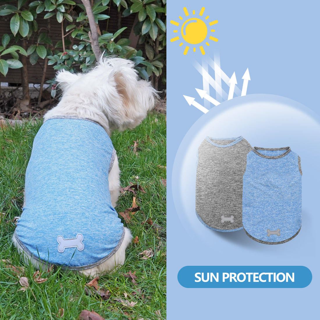 Blue sleeveless dog shirt with a bone emblem and light trim