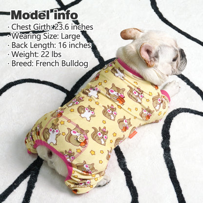 Beige dog onesie pajamas with cartoon rabbit and animal pattern and pink cuffs