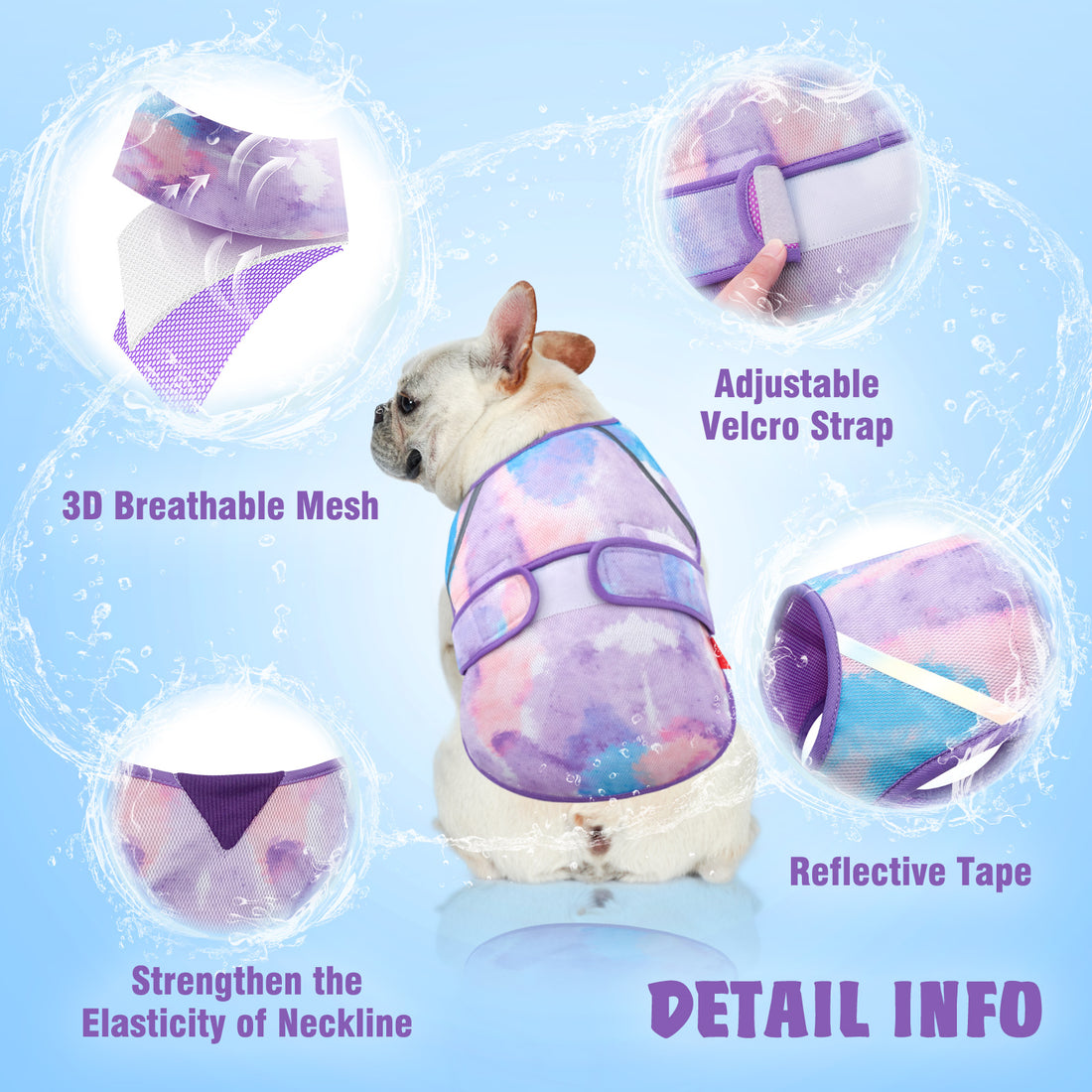 Lightweight mesh cooling dog vest with adjustable Velcro strap and reflective tape