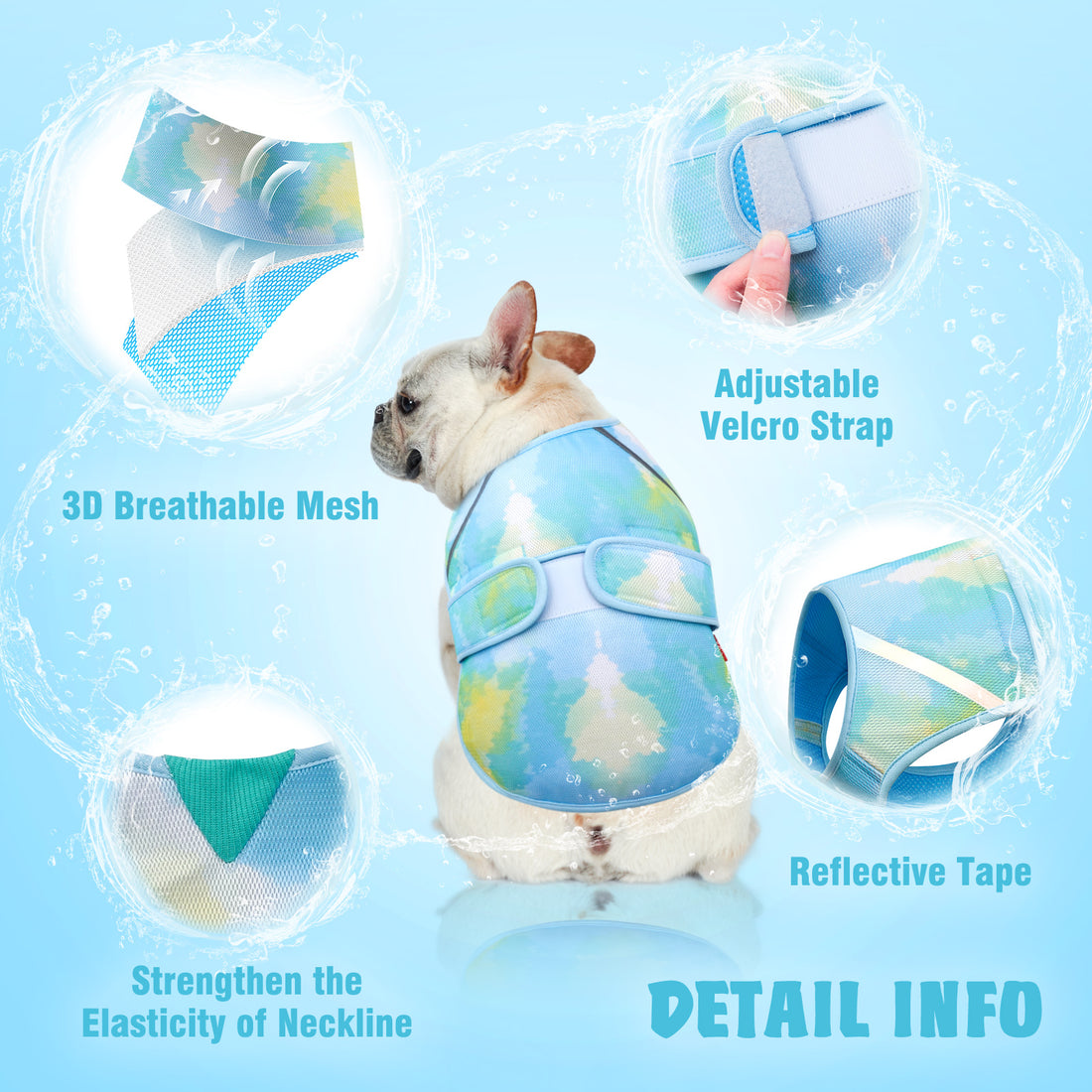 Lightweight mesh cooling dog vest with reflective trim in light blue and white