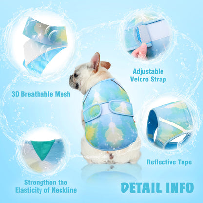 Lightweight mesh cooling dog vest with reflective trim in light blue and white