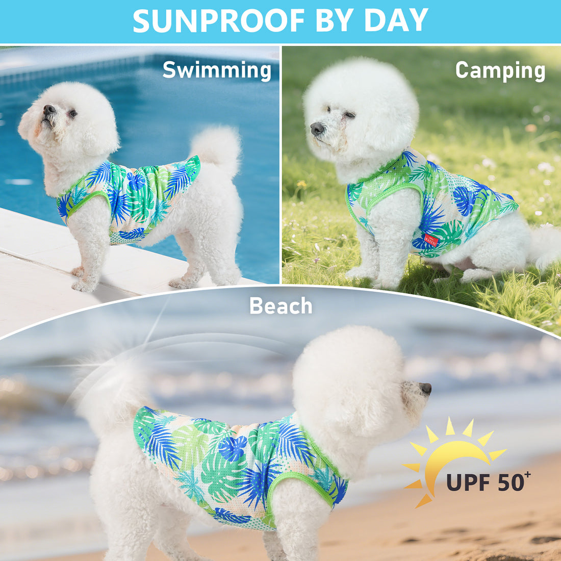 Blue and green tropical mesh dog shirt with front arm openings