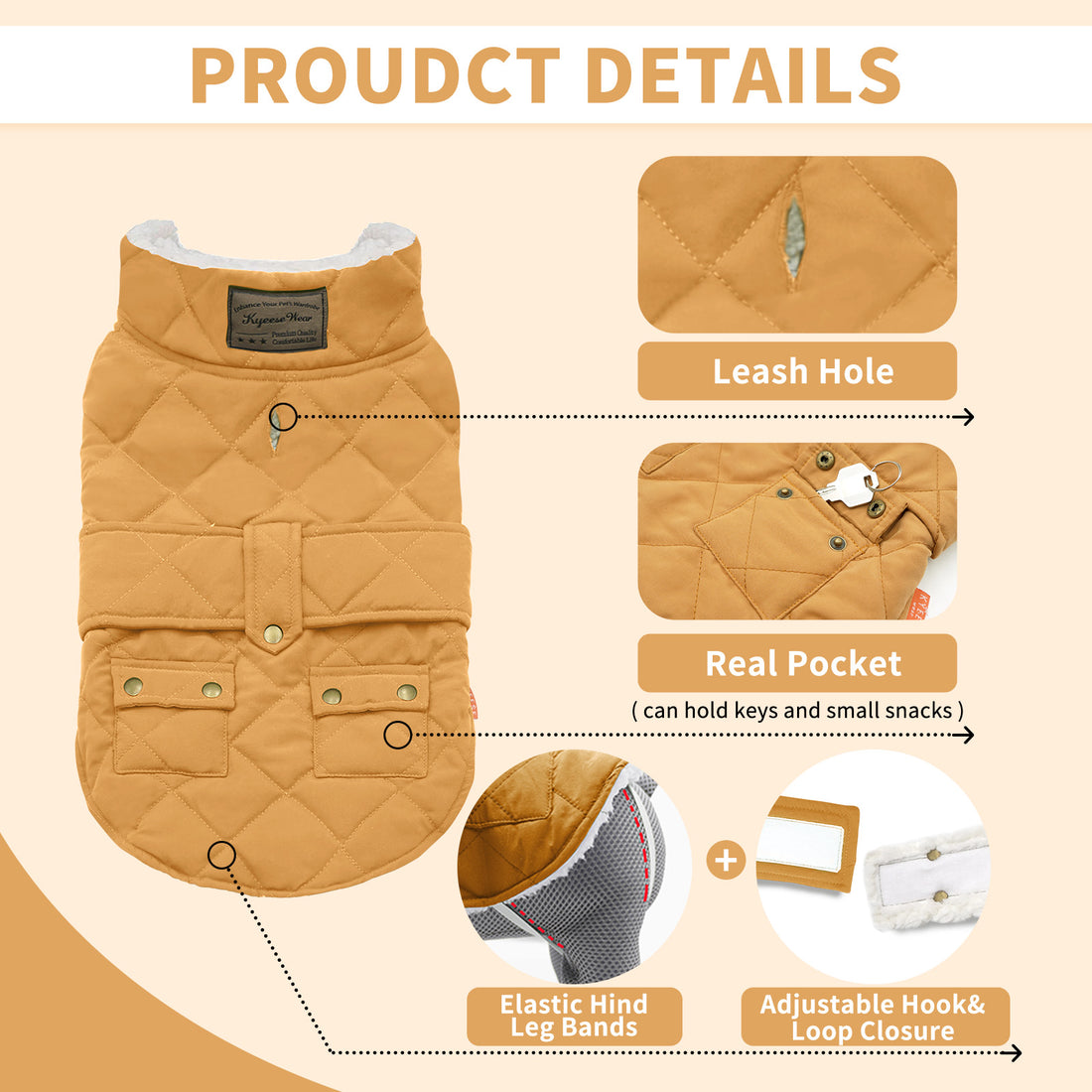 Quilted dog coat product details showing leash hole, real pocket, and adjustable closure.