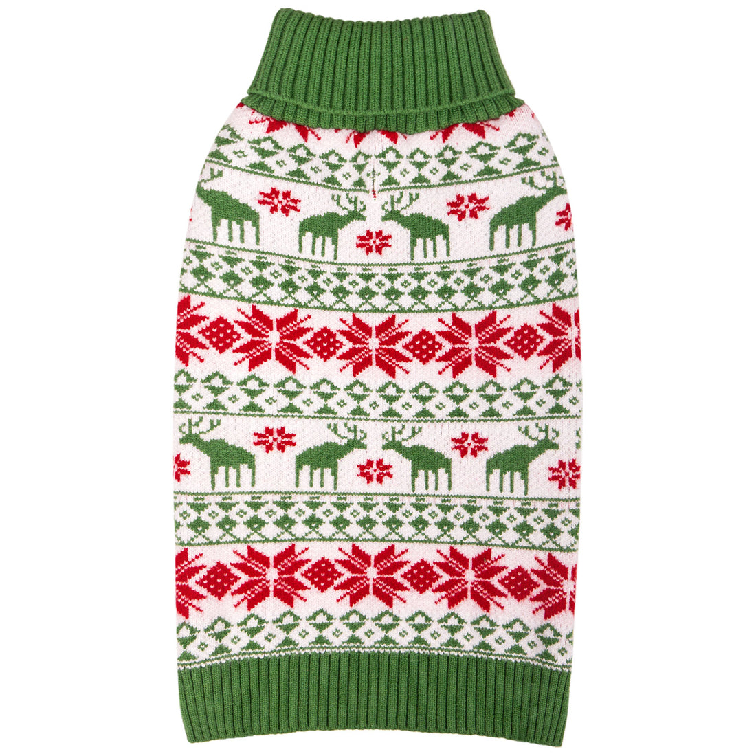 Dog sweater green with red/white fair isle pattern and ribbed hem neckline