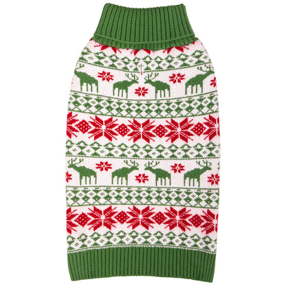 Dog sweater green with red/white fair isle pattern and ribbed hem neckline