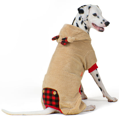Tan fleece dog onesie with reindeer antler hood, red cuffs, and plaid pocket