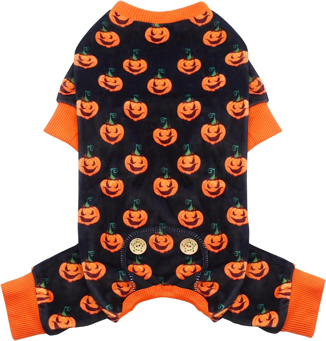 Dog Halloween pajamas with orange pumpkin pattern on dark navy and orange ribbed leg openings