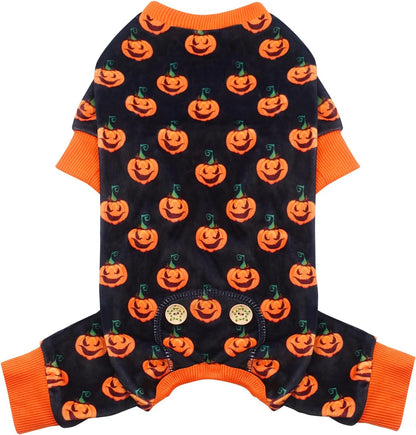 Dog Halloween pajamas with orange pumpkin pattern on dark navy and orange ribbed leg openings