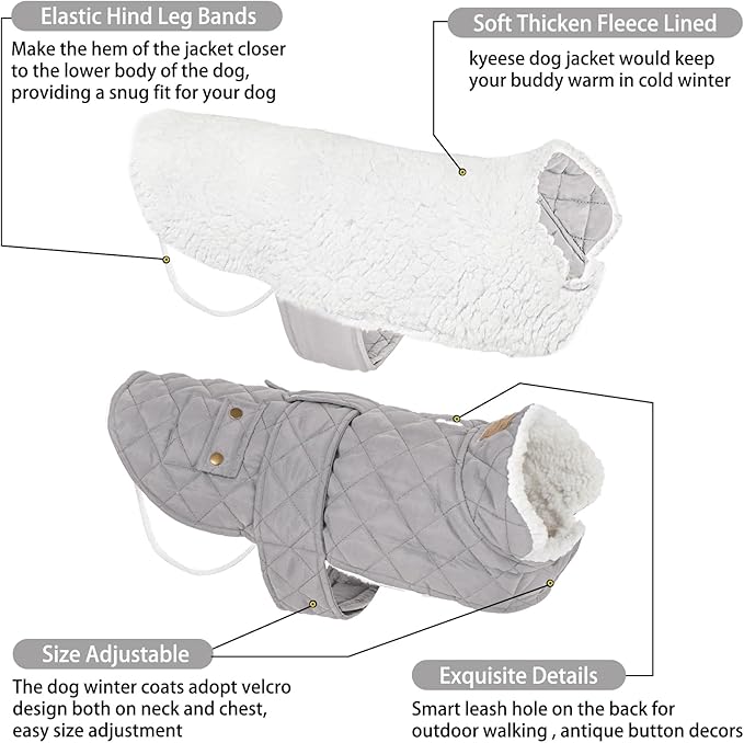 Grey quilted dog coat with sherpa-lined lining and elastic hind leg bands.