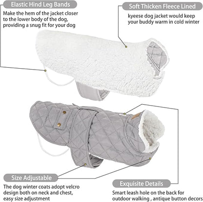 Grey quilted dog coat with sherpa-lined lining and elastic hind leg bands.
