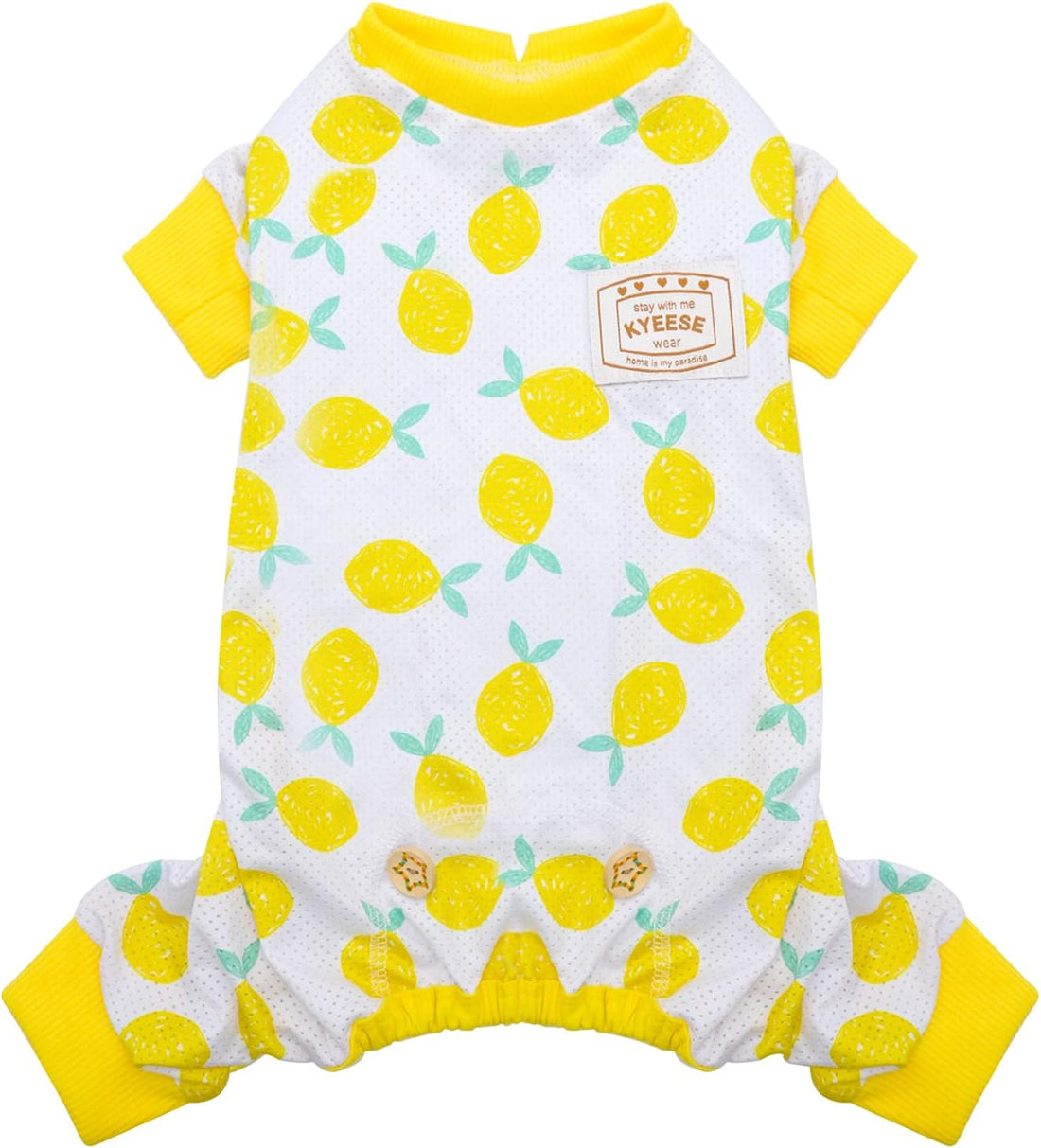 Yellow lemon-print dog mesh onesie pajamas with ribbed short sleeves and belly hem