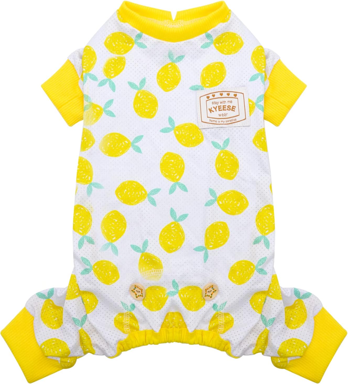 Yellow lemon-print dog mesh onesie pajamas with ribbed short sleeves and belly hem