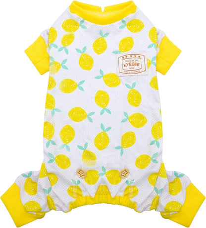 Yellow lemon-print dog mesh onesie pajamas with ribbed short sleeves and belly hem