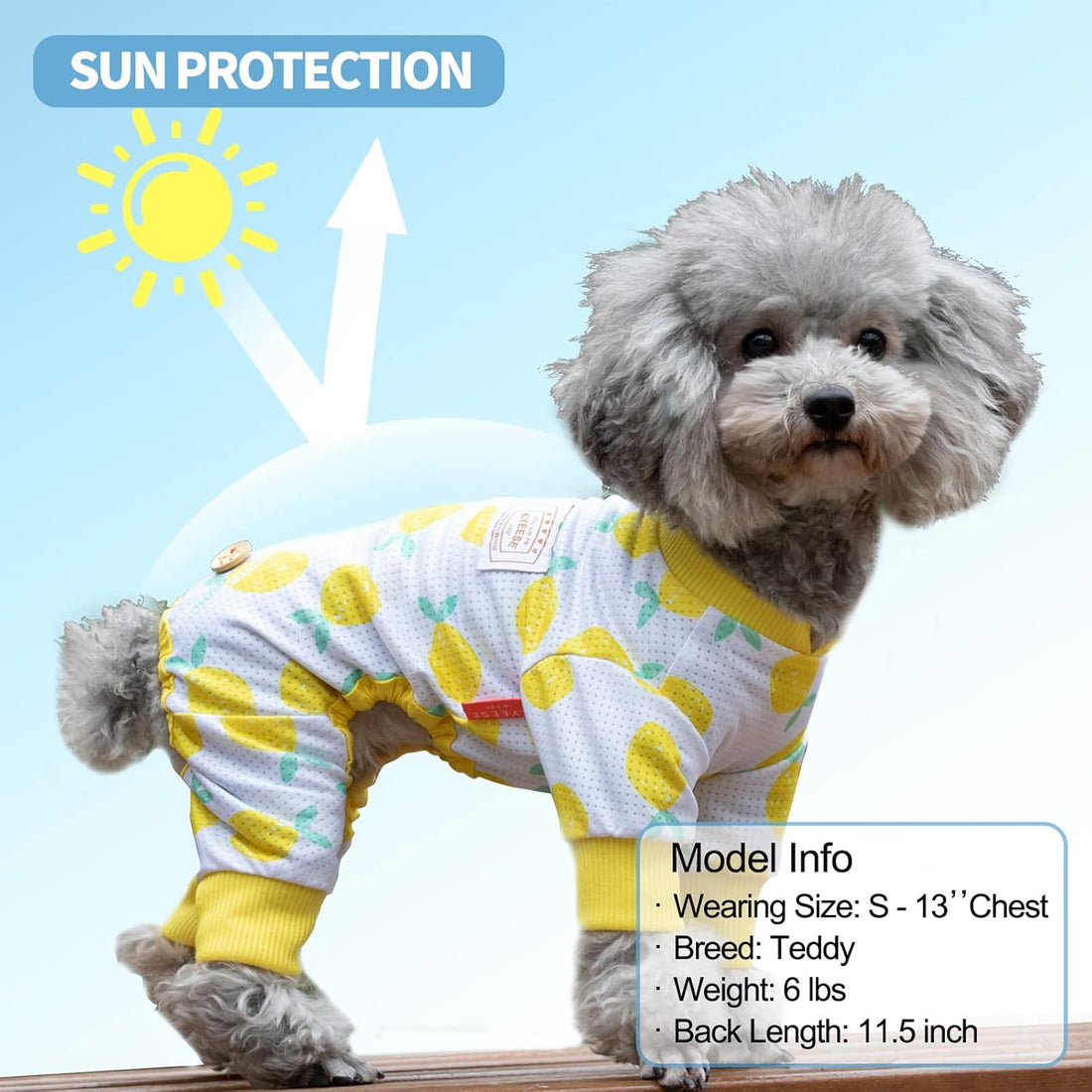Yellow lemon-print dog mesh onesie pajamas with ribbed cuffs and round neck