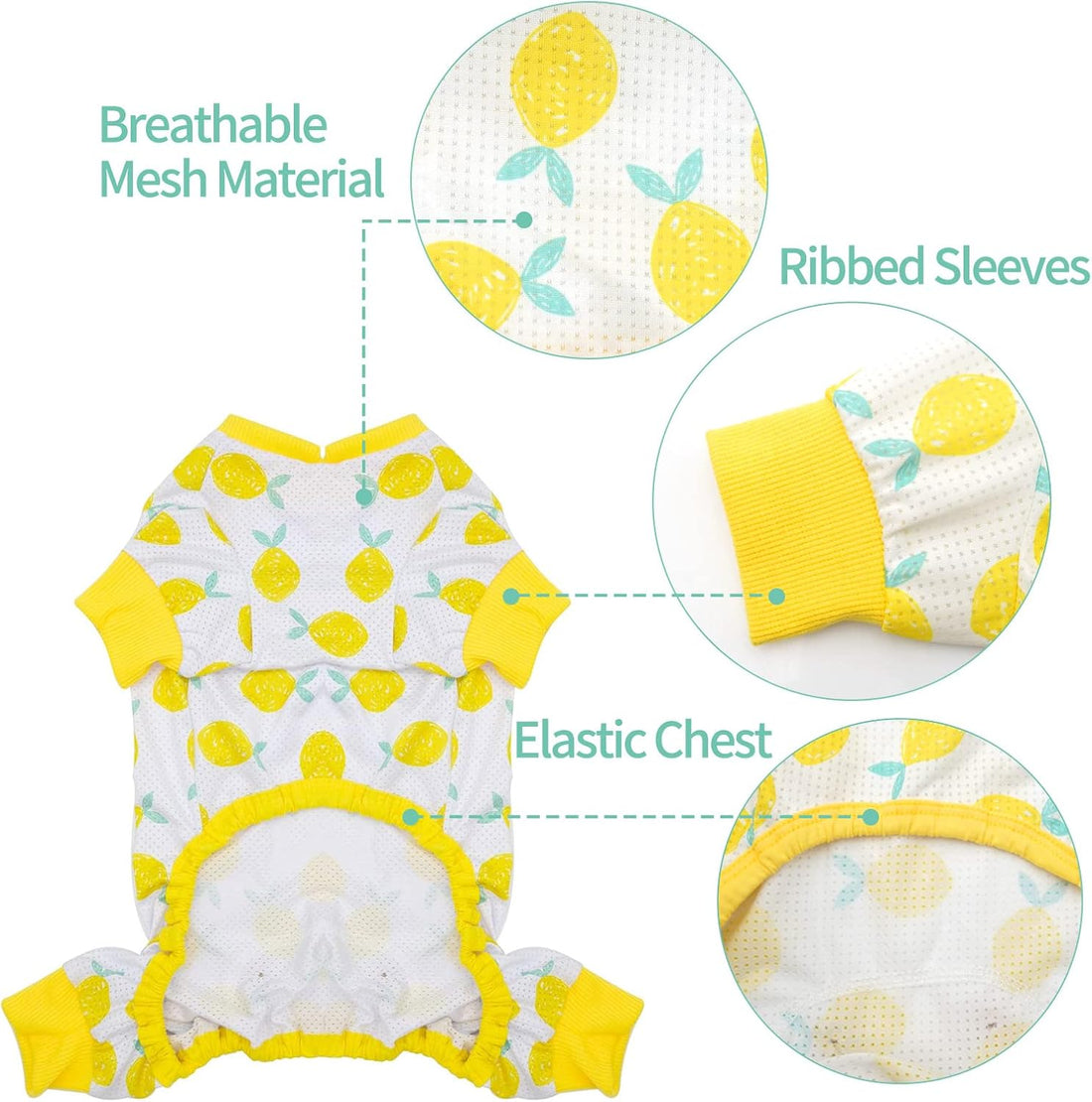 Yellow lemon-print dog mesh onesie pajamas with breathable mesh and elastic chest