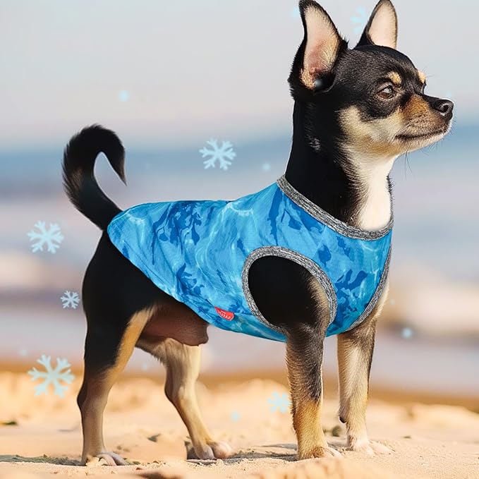 Blue dog cooling shirt with snowflake print, gray ribbed neck and leg openings