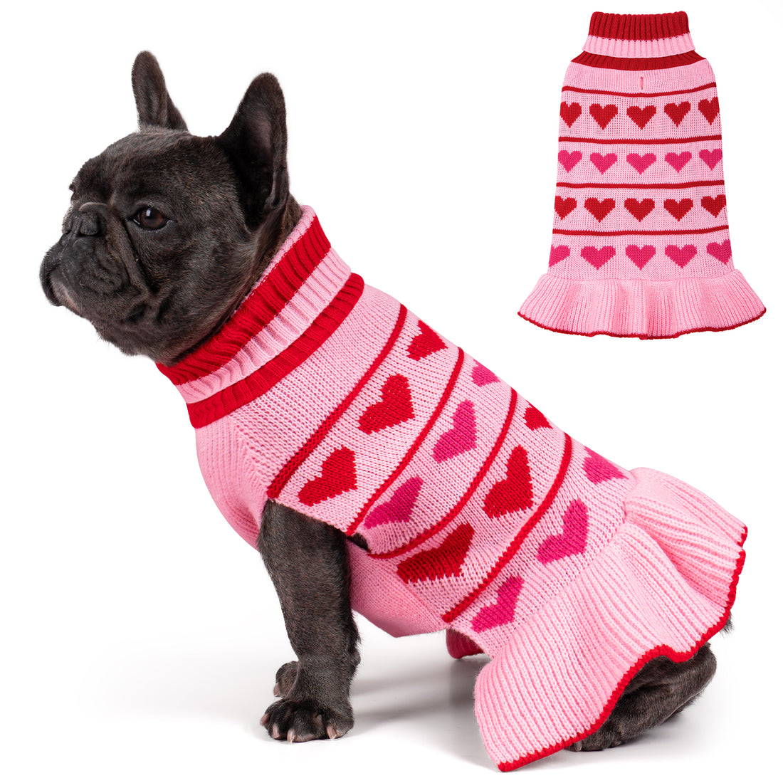 Pink knit dog sweater dress with red heart motifs and ribbed turtleneck