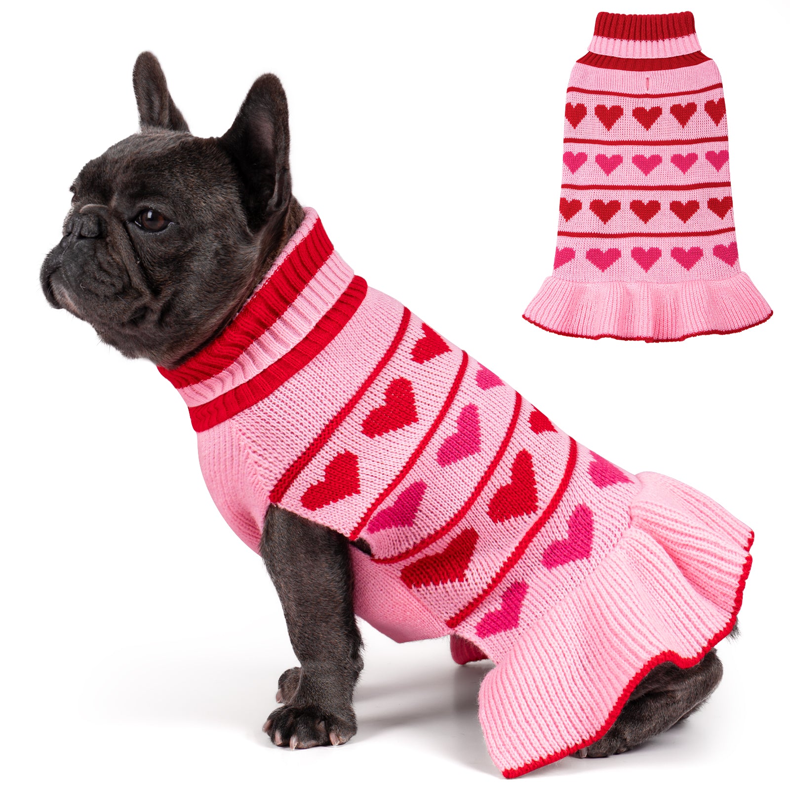 Pink knit dog sweater dress with red heart motifs and ribbed turtleneck