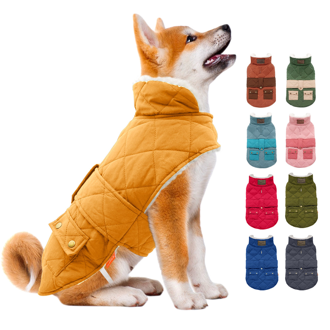Yellow quilted dog coat with hood and front pockets; dog wearing it, side view.