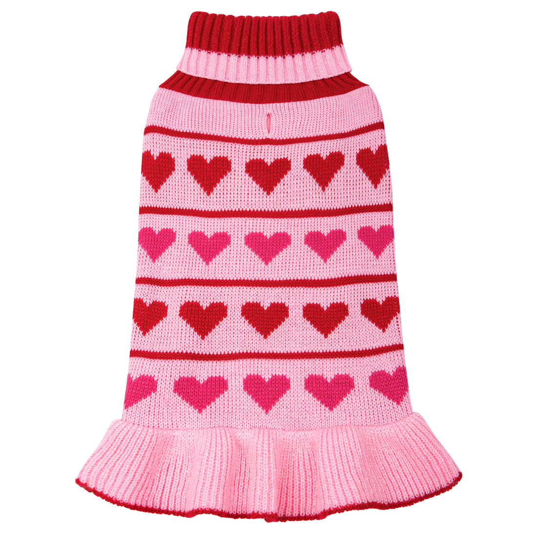 Pink dog sweater dress with red heart pattern and ribbed turtleneck, flared hem