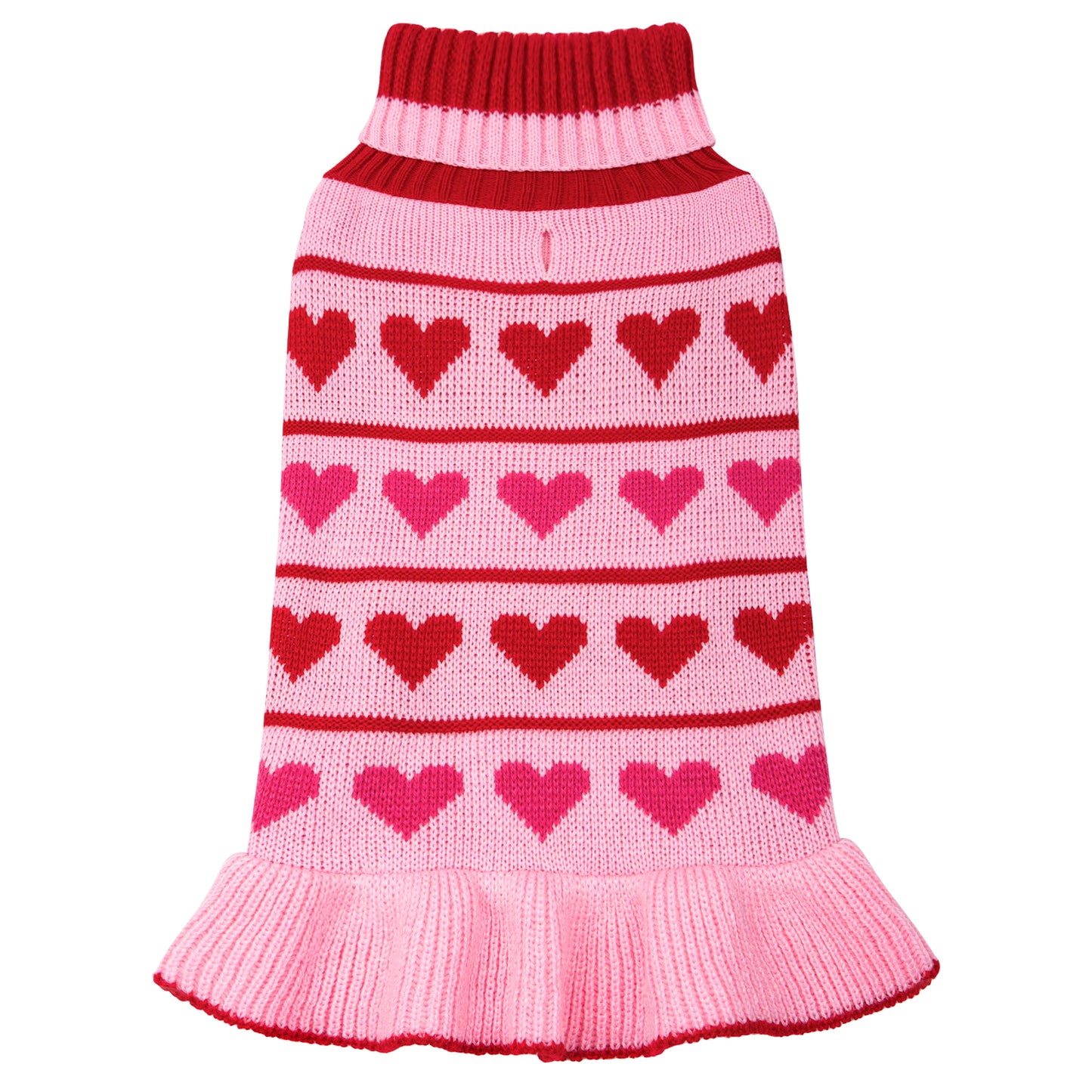 Pink dog sweater dress with red heart pattern and ribbed turtleneck, flared hem