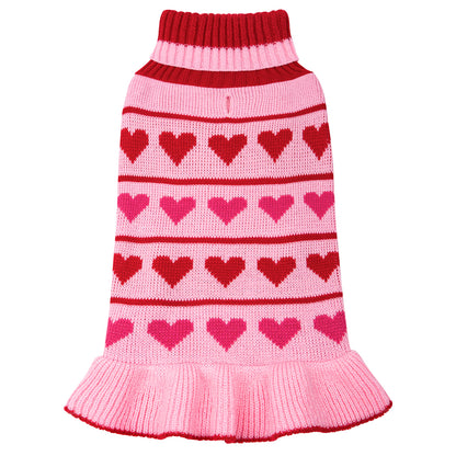 Pink dog sweater dress with red heart pattern and ribbed turtleneck, flared hem