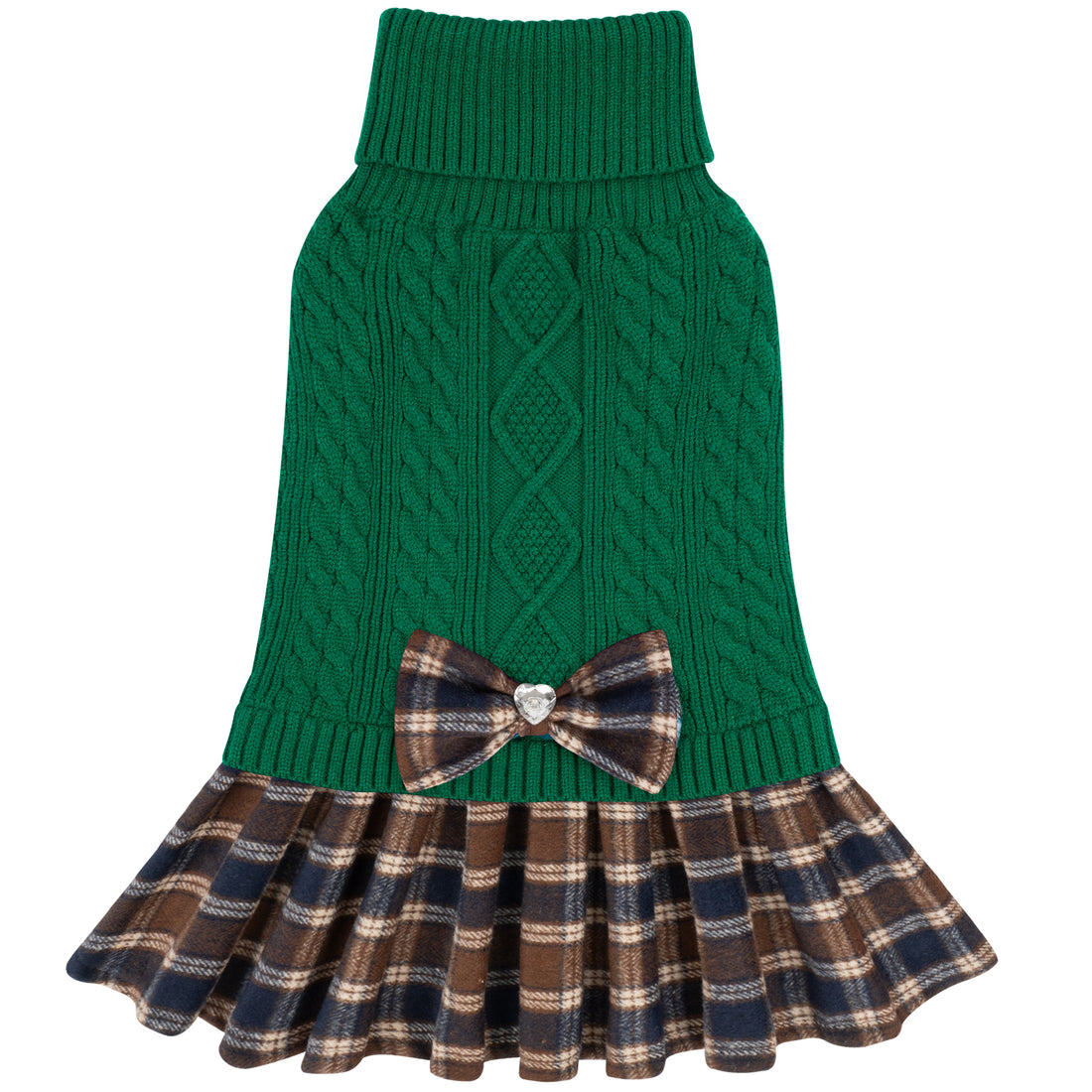 Green cable knit dog sweater with turtleneck, plaid ruffle hem, and plaid bow
