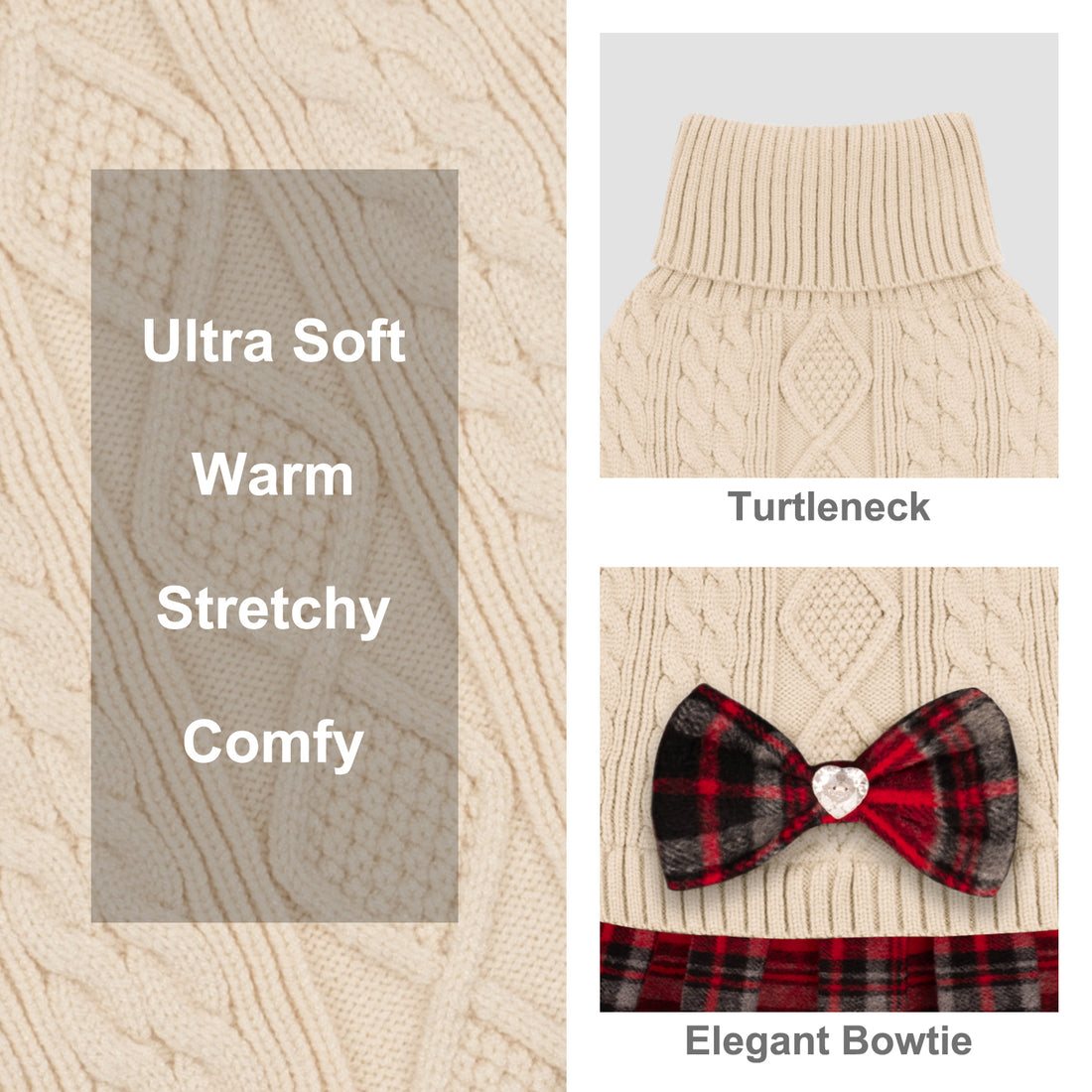 Cream cable-knit turtleneck dog sweater with plaid skirt and jeweled bow