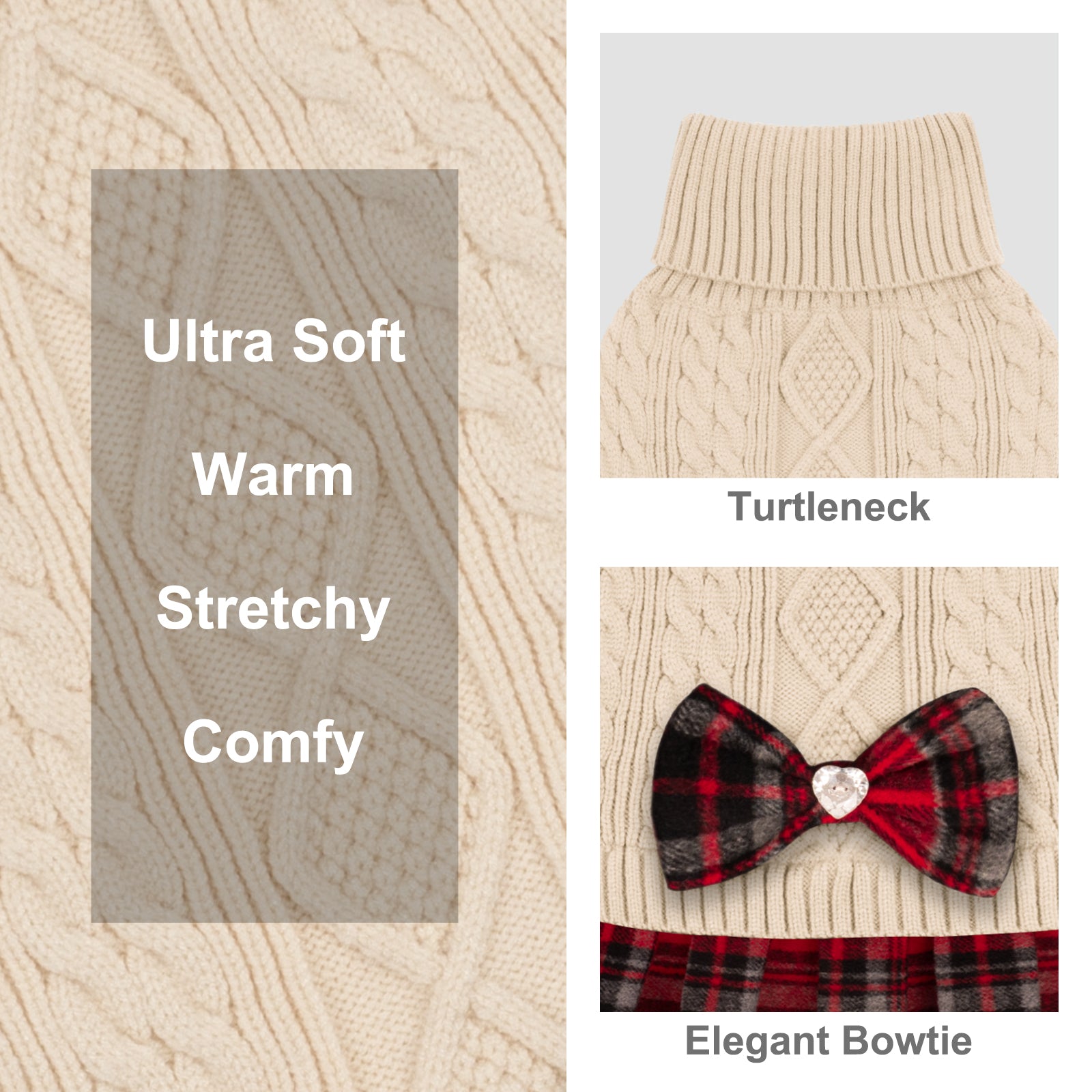 Cream cable-knit turtleneck dog sweater with plaid skirt and jeweled bow