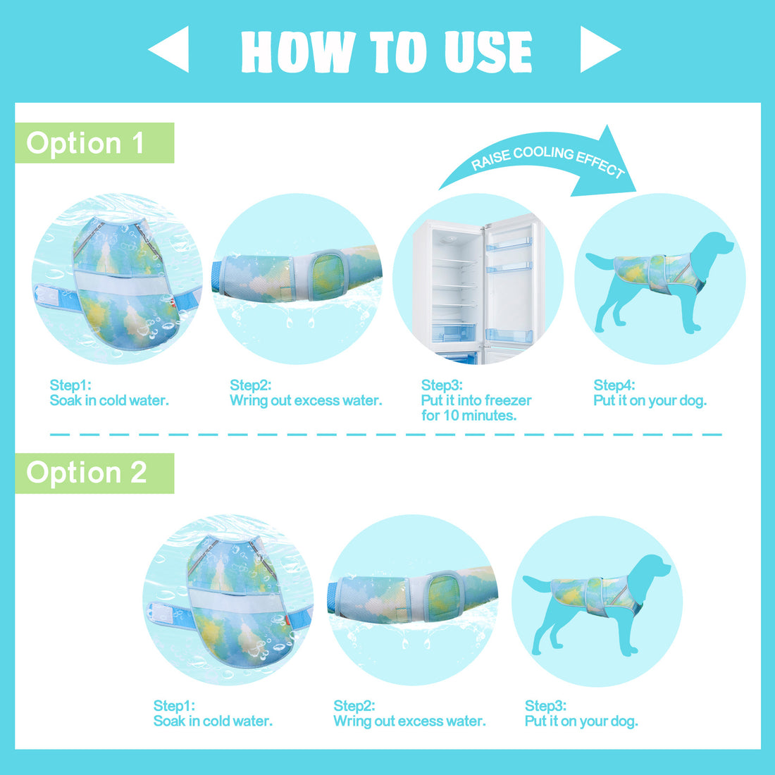 Lightweight mesh cooling dog vest use instructions diagram showing vest and steps