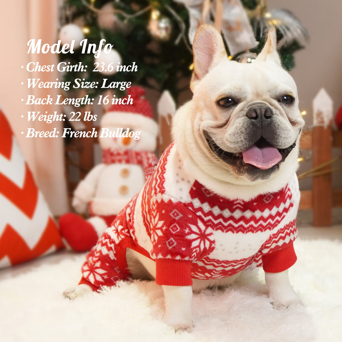 French bulldog in red and white snowflake pajama sweater with ribbed collar and cuffs