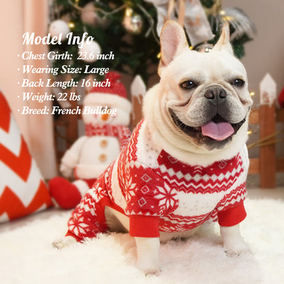 French bulldog in red and white snowflake pajama sweater with ribbed collar and cuffs