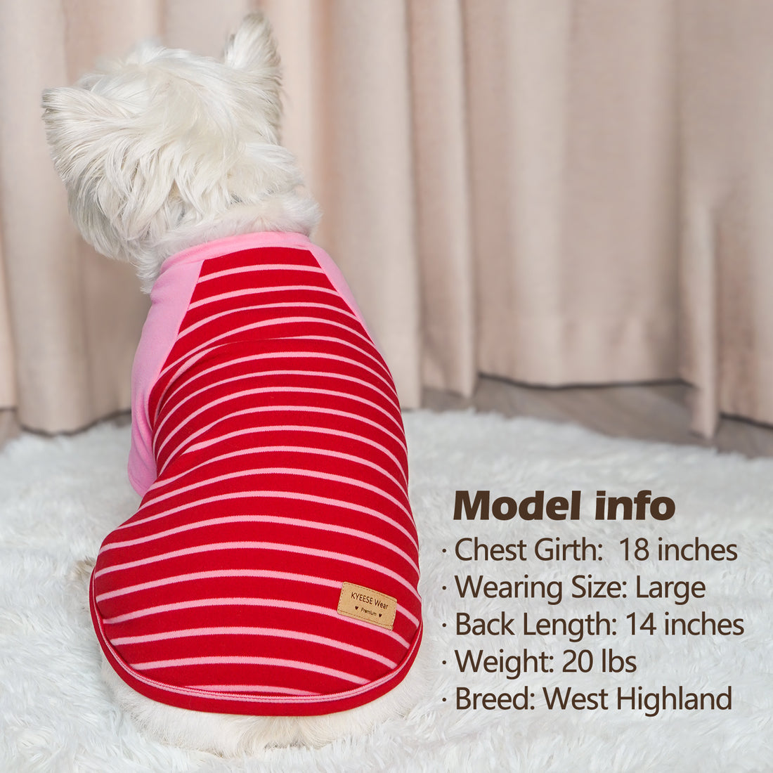 Dog shirt in pink with red horizontal stripes on sleeves and back