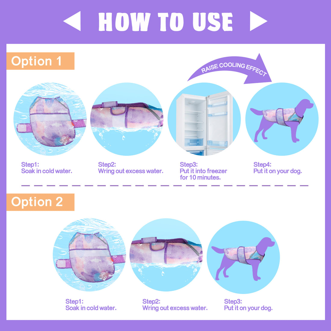 How-to use diagram for lightweight mesh cooling dog vest with adjustable strap